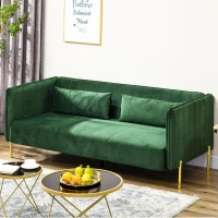 HOMCOM trzyosobowa sofa z 2 poduszkami, kanapa z podłokietnikami, tapicerowana sofa w welurowym wykończeniu, do salonu, sypialni, 200 x 88 x 76 cm, Zielona(m-2)