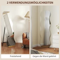 HOMCOM Pełnowymiarowe lustro 160 x 50 cm nieregularnie faliste bezramowe lustro stojące z podstawą drewnianą, lustro ściennie do oparcia, stojące, lustro do salonu, sypialni, przedpokoju, Czarne(m-5)