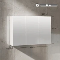 HOMCOM Bathroom Mirror Cabinet Wall Mounted, Modern Bathroom Wall Cabinet with 3 Mirrored Doors, 90 x 15.5 x 60 cm, White(m-3)