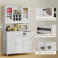 HOMCOM Szafka kuchenna, bufet z regulowanymi półkami, 4 drzwi, szuflada, szafka na zapasy, wysoka szafka z 2 drzwiami szklanymi, 100 x 40 x 180 cm, Biały(m-7)