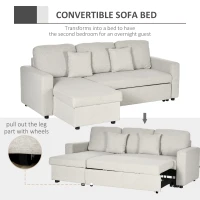 HOMCOM Sofa narożna z funkcją spania, w zestawie sofa 2-osobowa, pojedyncze łóżko, sofa narożna w kształcie litery L z miejscem do przechowywania, 2 poduszki z tkaniny lnianej do salonu, kolor kremowy(m-4)