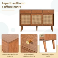 Credenza con 3 Cassetti e 3 Ante Scorrevoli con Intreccio di Rattan, Ripiani Regolabili, per Cucina e Soggiorno, 120×40×78 cm, Colore Noce(m-4)