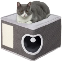 PawHut Cat Condo with 2 Cushions, Cat Tower with Top Bed, Scratching Pad, Toy Ball, Small Cat Tree for Large Adult Cat, Charcoal Grey(m-11)
