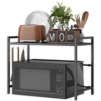 HOMCOM Expandable Microwave Oven Rack, 2-Tier Microwave Shelf Stand with 3 Hooks and Metal Frame, Countertop Kitchen Storage Unit, Black(m-10)