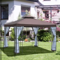 Outsunny 3 x 3(m) Patio Gazebo Canopy Garden Pavilion Tent Shelter with 2 Tier Roof and Mosquito Netting, Steel Frame, Coffee(m-10)