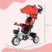 HOMCOM 4-in-1 kinderdriewieler, kinderfiets met veiligheidsgordel en zonnedak, driewieler, kinderauto, kinderwagen, buggy, aluminium, metaal, kunststof, rood, 118 x 53 x 105 cm(m-3)