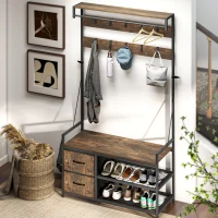 Stojak HOMCOM na ubrania z ławką, 10 regulowanych haków, półka na buty, szuflada, rama metalowa, design industrialny, do przedpokoju, salonu, sypialni, rustykalny brąz, wysokość 180 cm(m-9)