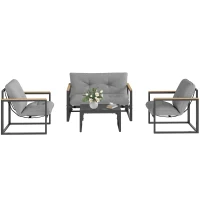 Outsunny Garden Furniture Set, 4 Piece Indoor Outdoor Conservatory with Loveseat Sofa, Armchairs, Metal Top Coffee Table, Cushions for Balcony, Poolside, Patio, Light Grey(m-10)