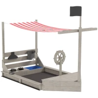 Drewniany piaskownica w kształcie statku z pokrywą i zestawem kuchennym(m-1)