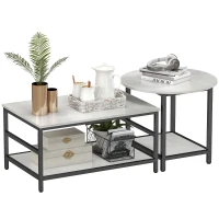 HOMCOM Zestaw Stolików Kawowych, 2 Pomocnicze Stoliki, Wygląd Marmuru, Regulowane Nóżki, Stal, Czarny/Biały(m-7)
