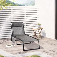 Outsunny Portable Sun Lounger, Folding Camping Bed Cot, Reclining Lounge Chair 5-position Adjustable Backrest with Side Pocket, Pillow for Patio Garden Beach Pool, Mixed Grey(m-2)