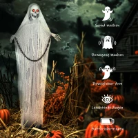 Outsunny 183cm Dekoracja na Halloween Sensenmann z LED, Funkcją Dźwiękową, Dekoracja Drzwi z Regulowanymi Ramionami, Głową, Figura Ogrodowa w Naturalnej Wielkości na Imprezę(m-6)