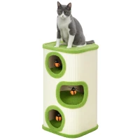 PawHut 76cm Cat Barrel Tower, 3 Story Cat Condo with Sisal Scratching Pad, Toy Ladybugs, Barrel Shaped Cat House Covered in Soft Plush, Green(m-11)