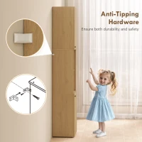 Wąska Wysoka Szafka Łazienkowa HOMCOM z 2 Drzwiami, Regulowanymi Półkami, 2 Otwartymi Przegrodami, do Łazienki, Salonu 40 x 31 x 182 cm Dąb(m-6)