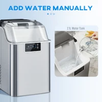 HOMCOM Maszyna do lodu, Ice Maker ze stali nierdzewnej, 24 kostki na raz, 20 kg/24h, zbiornik na wodę 2,1 L, samoczyszcząca kostkarka do lodu z łopatką i koszykiem, do kuchni, biura, na imprezy(m-5)