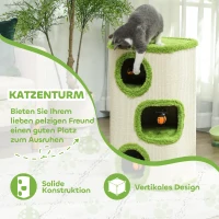 PawHut 76cm Cat Barrel Tower, 3 Story Cat Condo with Sisal Scratching Pad, Toy Ladybugs, Barrel Shaped Cat House Covered in Soft Plush, Green(m-4)