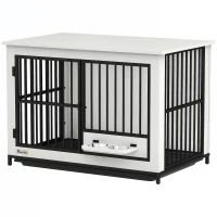 PawHut Klatka dla psów do domu z 2 drzwiami, Zamykana buda dla psów w pomieszczeniach z obrotowymi miskami, wyjmowana taca dla małych/średnich/dużych psów Biała 95 x 60 x 68,5 cm(m-10)