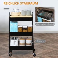 HOMCOM Wózek kelnerski z 3 poziomami, wózek kuchenny na kółkach z uchwytem, regał kuchenny z koszem i pokrywą, wózek wielofunkcyjny do kuchni, biura, łazienki, Czarny(m-4)