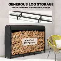 Outsunny Metalowy Regał na Drewno Kominkowe 199 x 30 x 121 cm, 0,6m³ z Wodoodporną Pokrywą, Czarny(m-4)