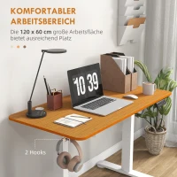 Vinsetto Biurko Regulowane Wysokością, Elektryczne 120 x 60 cm, z 3 Programowalnymi Ustawieniami Wysokości, Ergonomiczne Biurko z Systemem Anti-Kollision, 2 Haki, Naturalny Kolor(m-7)