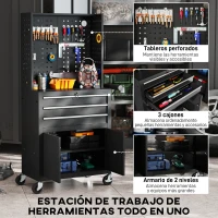 HOMCOM Carro de Herramientas con 3 Cajones Tabla de Pegboard Cerradura por Llave Estante Ajustable 2 Ruedas con Freno Negro(m-4)