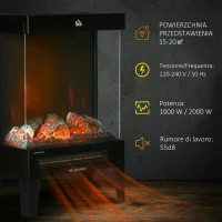 HOMCOM Elektryczny kominek, 2000 W, kominek stojący z ogrzewaniem, efekt płomienia 3D LED, 4 poziomy jasności, Elektryczny kominek z termostatem, Ochrona przed przegrzaniem, Czarny(m-5)