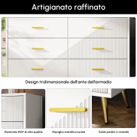 Credenza da cucina con 6 cassetti, ante tridimensionali e gambe dorate, 120x40x75 cm, Bianco(m-6)