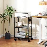 HOMCOM Mobile Printer Stand with Charging Station and USB/USB-C Ports, 3-Tier Under Desk Printer Cart with Storage Shelf and Lockable Wheels for Home and Office, Rustic Brown(m-2)