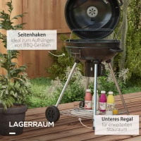 Outsunny Grill węglowy, grill ogrodowy z rusztem, kółkami, półką, tacką na popiół, wbudowanym termometrem do BBQ Metal Czarny 55 x 65 x 89 cm(m-6)