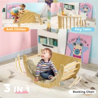 AIYAPLAY 3 in 1 Climbing Arch Rocking Chair Play Table Montessori Climbing Frame with Thick Cushion, for Toddlers 18-48 Months, Natural Wood Finish(m-4)