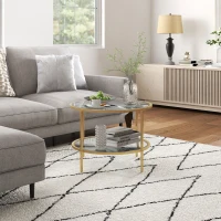 Stolik HOMCOM: Okrągły stolik pomocniczy z półką, stalowy stelaż, stolik kawowy, szafka nocna do salonu, sypialni, złoty, Ø60 x 43 cm(m-2)