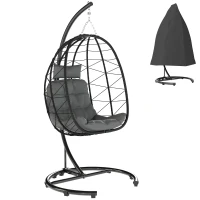Outsunny Fotel wiszący z wikliny, fotel wiszący o wysokości 195 cm, kosz huśtawki do użytku wewnątrz i na zewnątrz, w zestawie stelaż, poduszka, wodoodporna pokrywa, do 150 kg, kolor ciemnoszary(m-11)