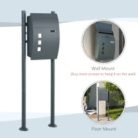 HOMCOM Skrzynka na Listy z Stojakiem, Skrzynka na Listy do Ściany z Półką na Gazetę, 2 Klucze, z Ocynkowanej Stali, 44 x 15 x 114 cm, Ciemnoszary(m-6)