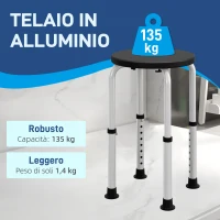 HOMCOM Sgabello da Doccia Antiscivolo e Regolabile su 8 Altezze, in Alluminio e PE, 32.5x41x35.5-54 cm, Nero(m-4)