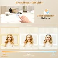 HOMCOM Toaletka z LED, 3 temperatury światła, Kosmetyczka z Lustrem, Toaletka z Gniazdem, 6 Szuflad z Mechanizmem Cichego Zamykania, 2 Otwarte Przegrody, Biały(m-5)