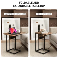 HOMCOM C Shaped Side Table with Foldable Top and Charging Station, End Table with Metal Frame, Bedside Table, Sofa Side Table for Living Room, Bedroom, Rustic Brown and Black(m-4)