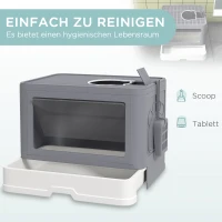 PawHut Kuweta dla Kota z Pokrywą Kuweta dla Kota z Łopatką, Kuweta dla Kotów do 4 kg, do Użytku Wewnętrznego, Plastik Szary 48,5 x 38 x 36,5 cm(m-4)