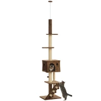 PawHut Floor to Ceiling Cat Tree, Cat Tower Adjustable Height 225-265cm, with Cat Condo, Scratching Posts, Perches, 3-Steps, Hanging Ball, Anti-tip Kit, Cat Tree Tower for Large Cat Adult, Brown(m-11)