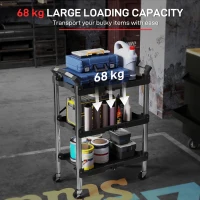 HOMCOM Wózek warsztatowy z 3 półkami, Składany wózek narzędziowy z uchwytem, Wózek montażowy dla magazynu, garażu, do 68 kg, Czarny(m-6)