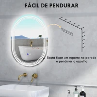 kleankin Espelho Casa de Banho com Iluminação 70x50 cm Espelho de Parede com 3 Cores de Luz Brilho Ajustável Função Anti-Embaciamento Função Memória(m-9)