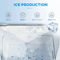 HOMCOM Maszyna do lodu, Ice Maker ze stali nierdzewnej, 24 kostki na raz, 20 kg/24h, zbiornik na wodę 2,1 L, samoczyszcząca kostkarka do lodu z łopatką i koszykiem, do kuchni, biura, na imprezy(m-4)