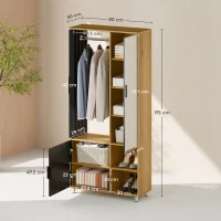 HOMCOM Wardrobe with Mirror and Hanging Rail, Modern Storage Cupboard with Open Compartments for Bedroom, Nature Wood Finish(m-3)