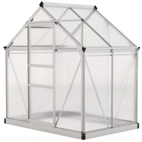 Outsunny Polycarbonate Greenhouse, Large Walk-In Green House with Slide Door and Window, Aluminium Frame, 6x4ft, Silver Tone(m-11)