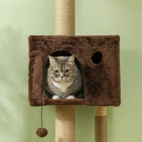 PawHut Floor to Ceiling Cat Tree, Cat Tower Adjustable Height 225-265cm, with Cat Condo, Scratching Posts, Perches, 3-Steps, Hanging Ball, Anti-tip Kit, Cat Tree Tower for Large Cat Adult, Brown(m-9)