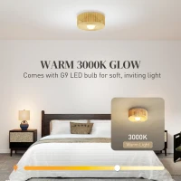 HOMCOM Lampa sufitowa, wisząca lampa boho z oprawką LED G9, okrągła lampa sufitowa z abażurem z liny konopnej, do salonu i sypialni, jasnobrązowa(m-5)