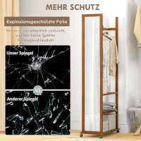 HOMCOM Lusterko Stojące, Lusterko w Całości z Stojakiem, 24,8 x 153,8 cm Lusterko do Garderoby na Kółkach, Garderoba z 3 Poziomami, Drążek na Ubrania, do Salonu, Sypialni, Orzech(m-6)