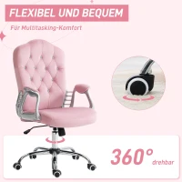 Krzesło biurowe HOMCOM, ergonomiczne z funkcją bujania i obrotu, regulowany komputerowy krzesło z błyszczącymi kryształowymi guzikami, wykończenie aksamitne, do domowego biura, Różowe(m-6)