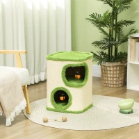 PawHut 52cm Cat Barrel Tower, 2 Story Cat Condo with Sisal Scratching Pad, Toy Ladybugs, Barrel Shaped Cat House Covered in Soft Plush, Green(m-7)