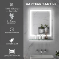 kleankin Miroir rectangulaire mural lumineux LED de salle de bain 70 x 50 cm(m-4)