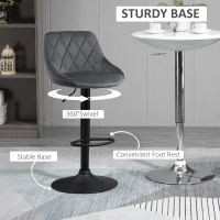 HOMCOM Stołki barowe, zestaw 2 sztuk, regulowana wysokość, obrotowe, stołki barowe z aksamitnym wykończeniem, z oparciem, pikowane diamentowo z podnóżkiem do baru, lady, jadalni, stal, ciemnoszary(m-5)